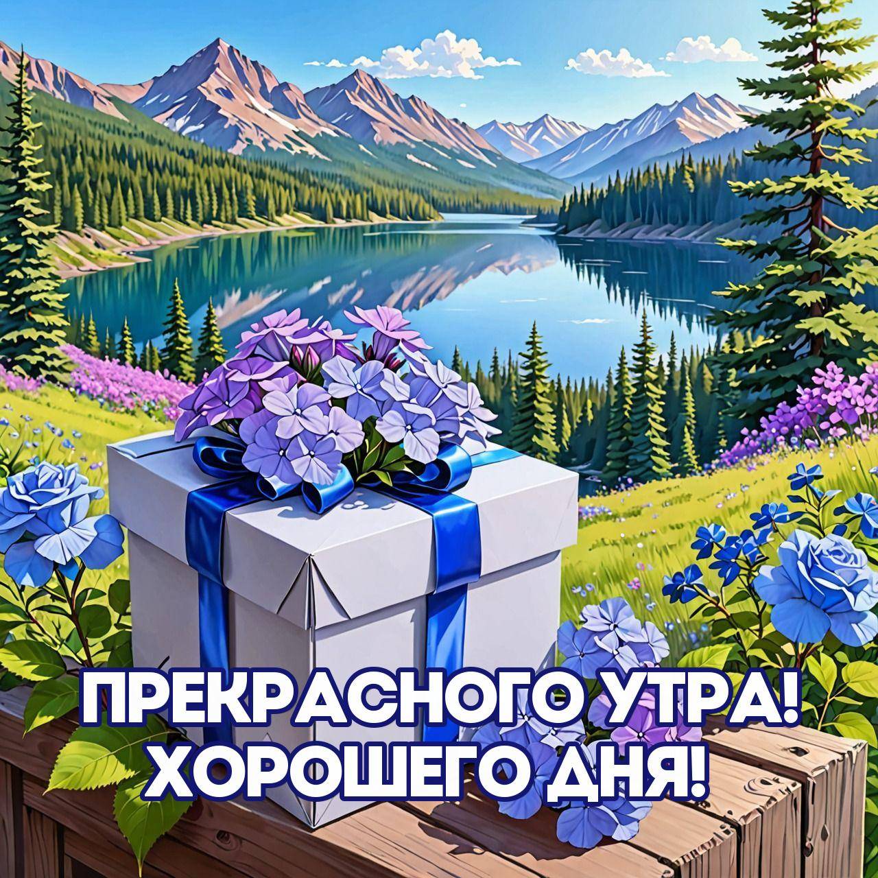 Утро, красивый горный пейзаж с озером и подарком