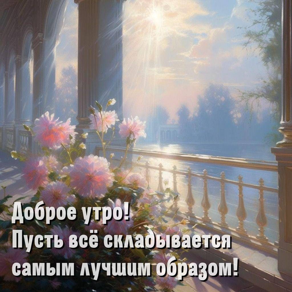 Утро, красивый пейзаж с видом на террасу и цветами