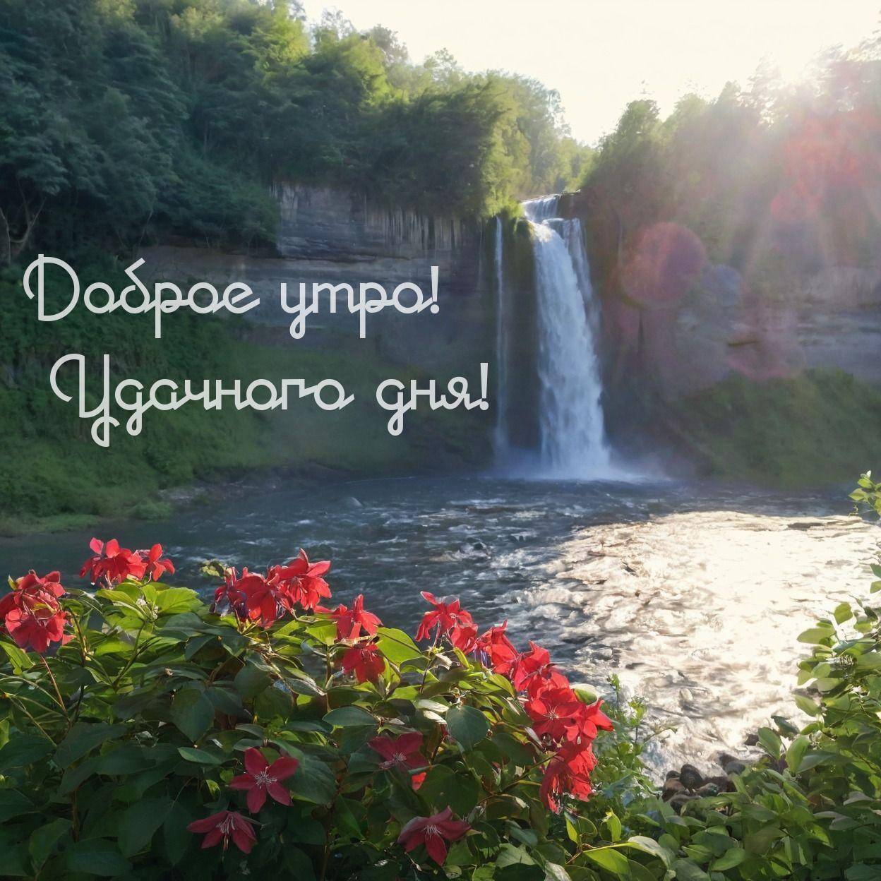 Утро, красивый природный пейзаж с водопадом и цветами