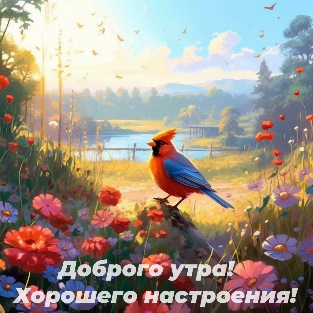 Утро, красная птица на камне среди цветущих цветов