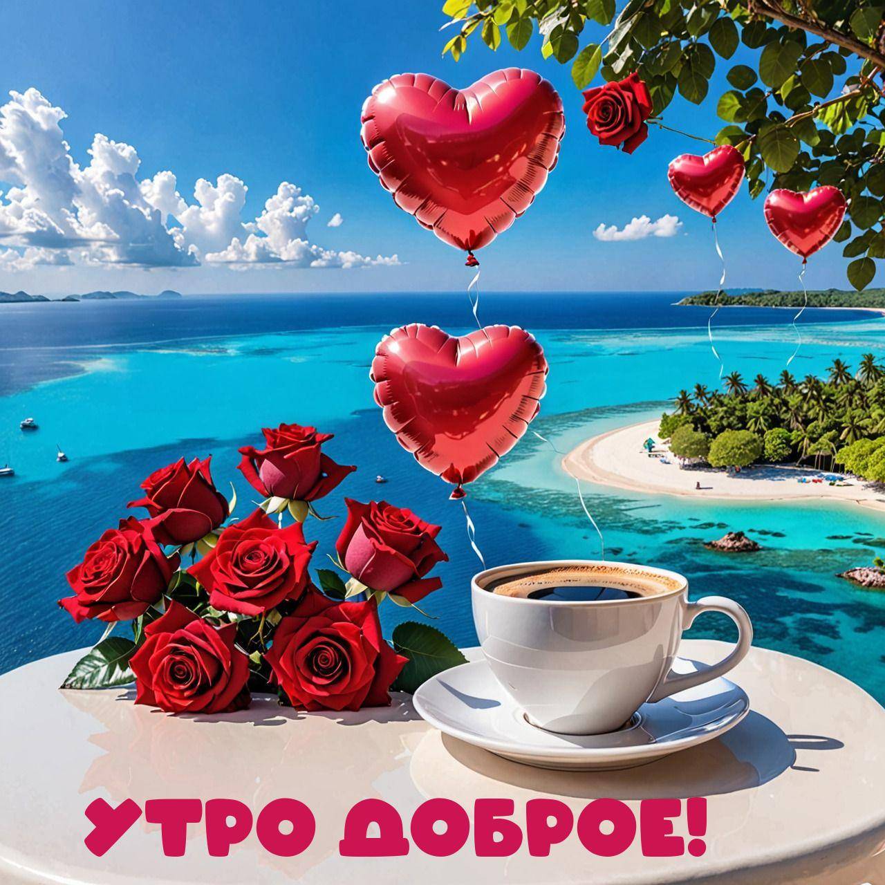 Утро, красные розы, воздушные шары и тропический пейзаж с морем