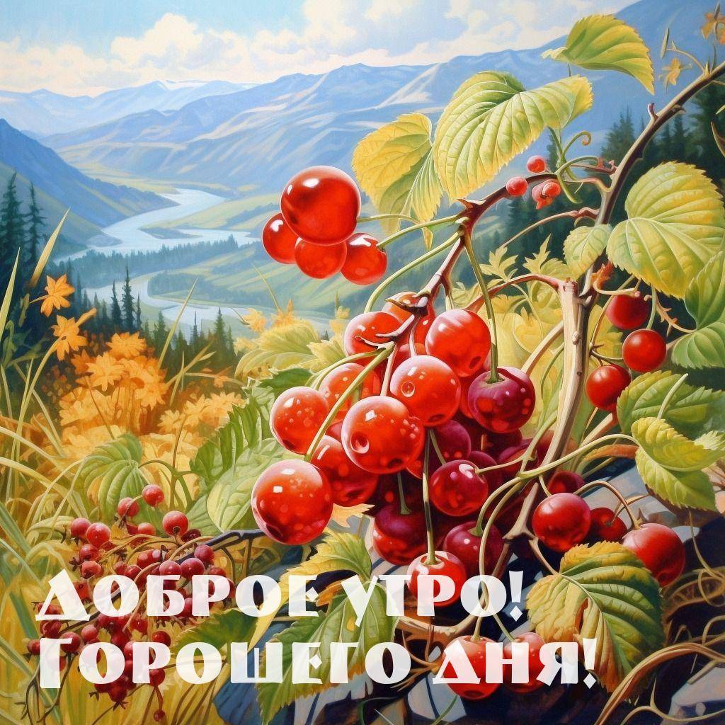 Утро, красные ягоды, зелёные листья, горы и река на фоне