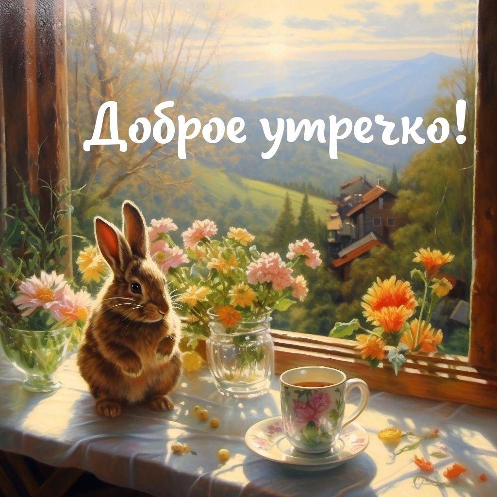 Утро, кролик на подоконнике с чашкой чая