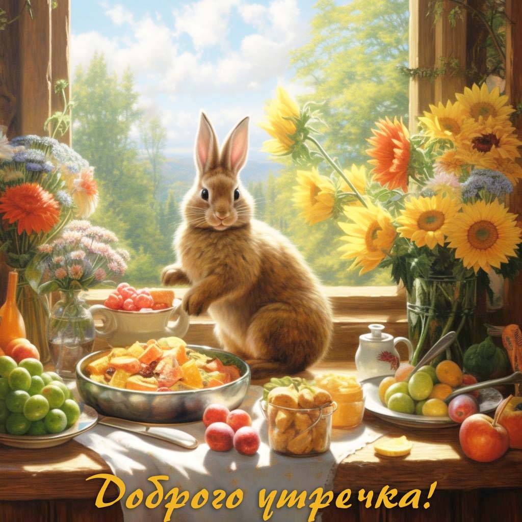 Утро, кролик на столе с фруктами и цветами