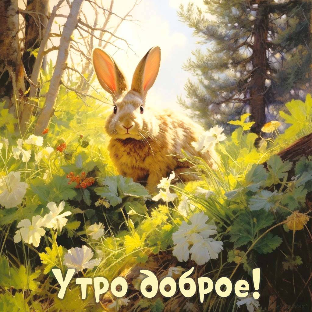 Утро, кролик среди природы на фоне зелени и цветов