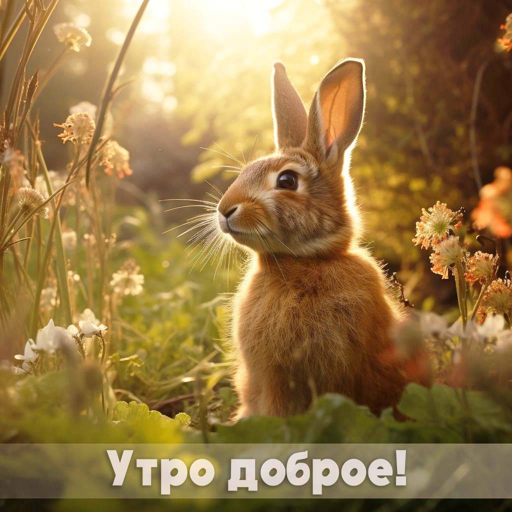 Утро, кролик среди цветущих растений на фоне утреннего солнца