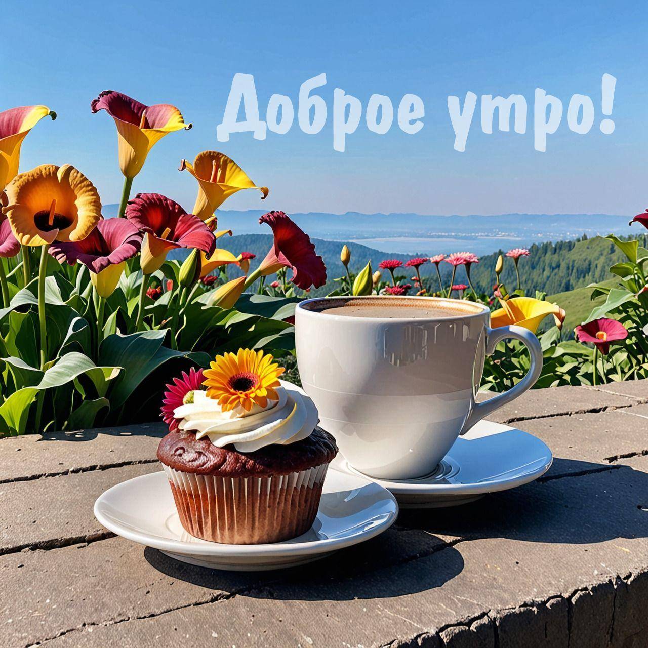 Утро, кружка с кофе и кекс на фоне пейзажа