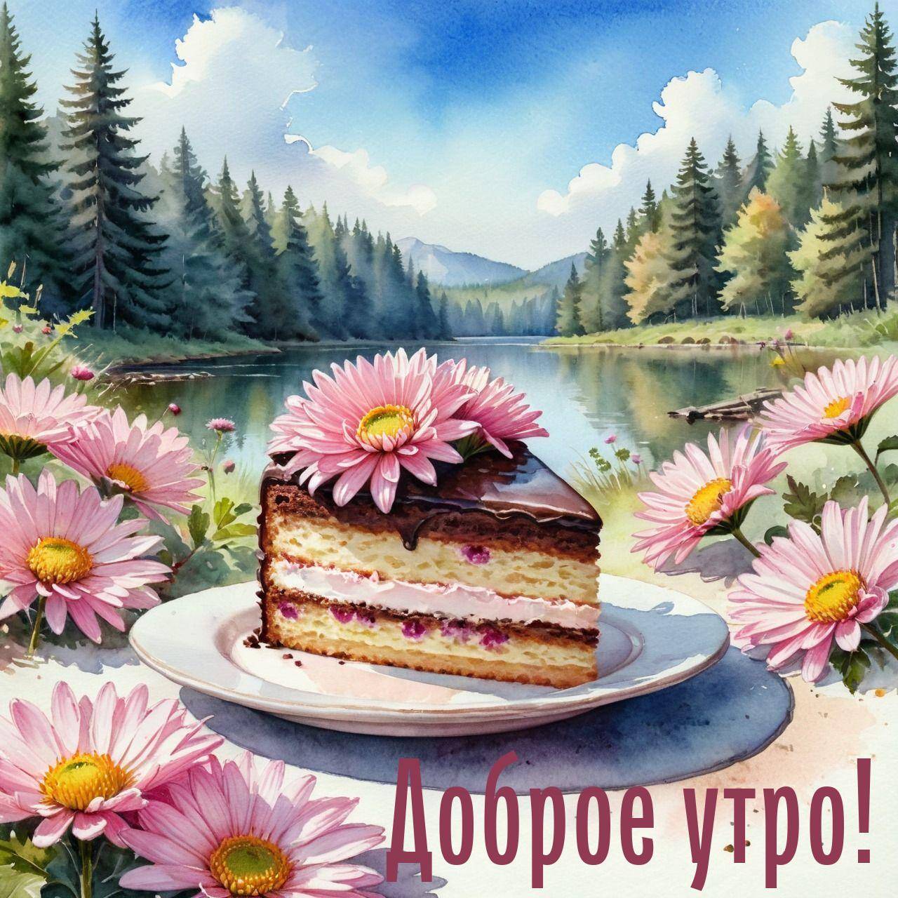 Утро, кусок торта на тарелке с розовым цветком, пейзаж