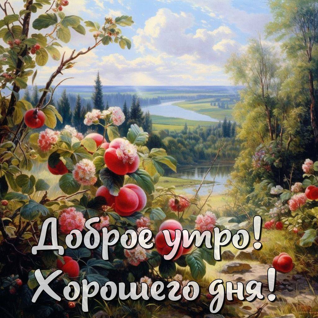 Утро, кусты с красными ягодами и речной пейзаж