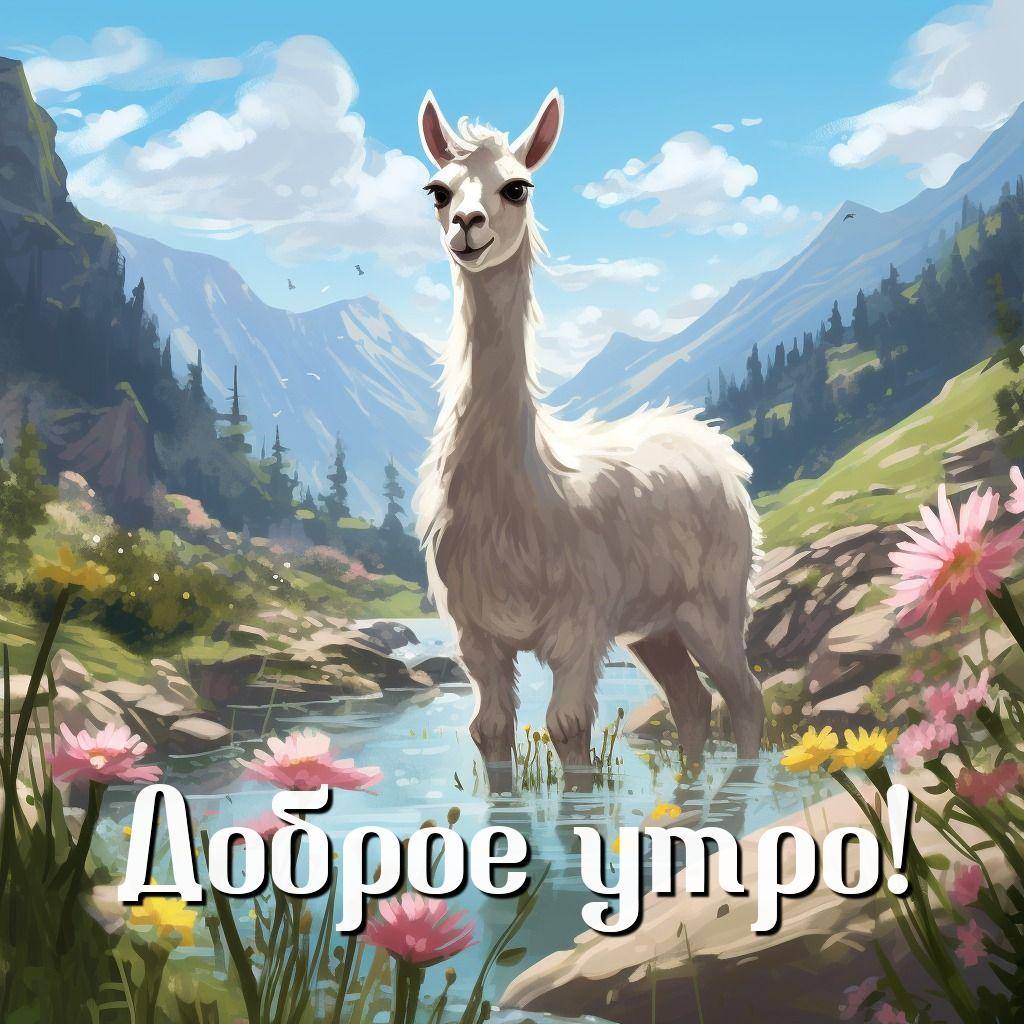 Утро, лама стоит в реке среди горного пейзажа