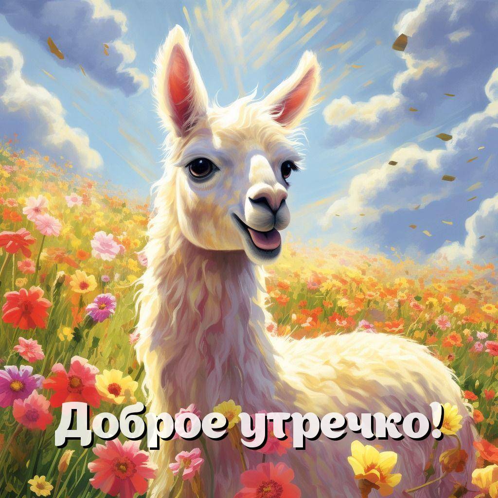 Утро, лама в поле с цветами, высунув язык
