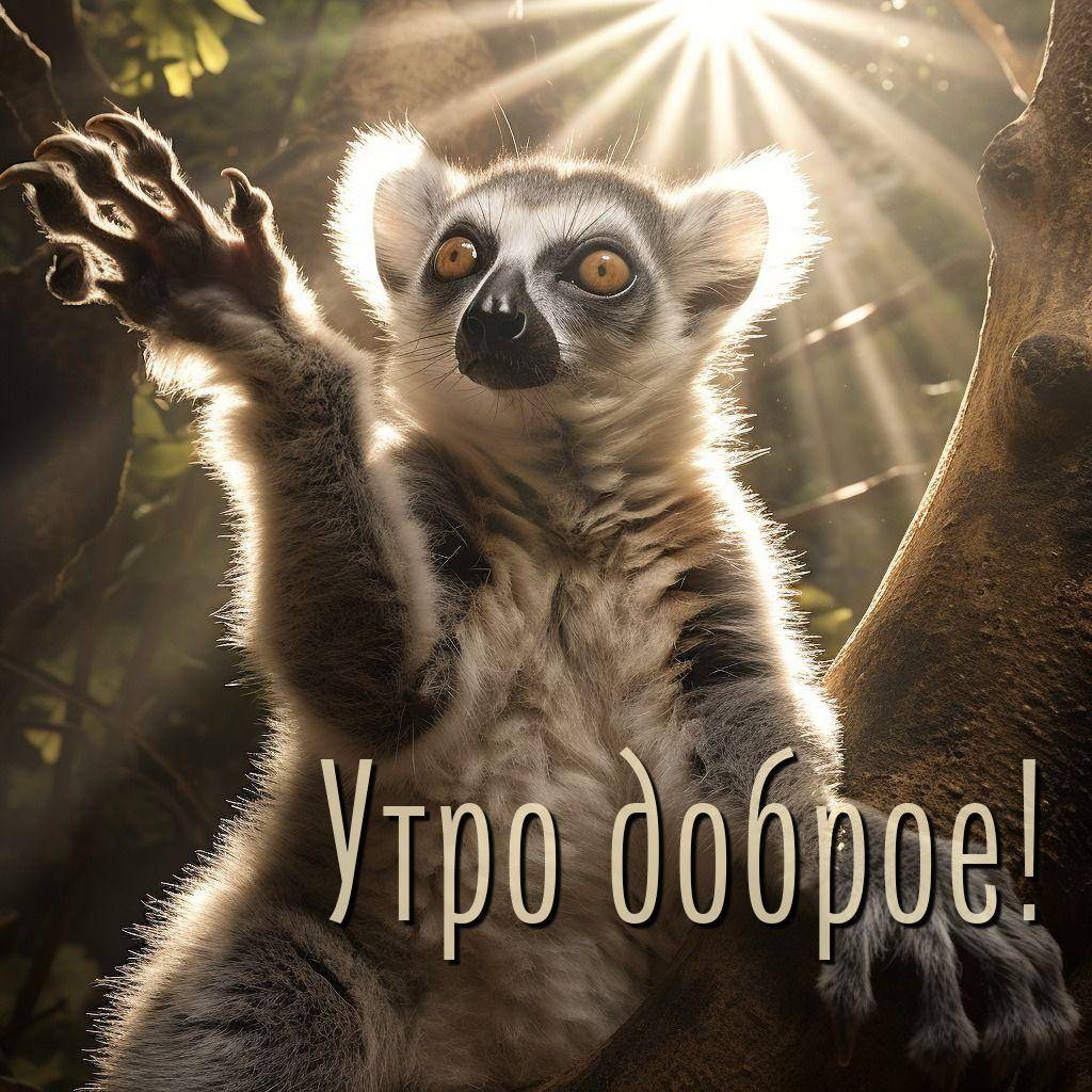 Утро, лемур с яркими глазами и пушистой шерстью