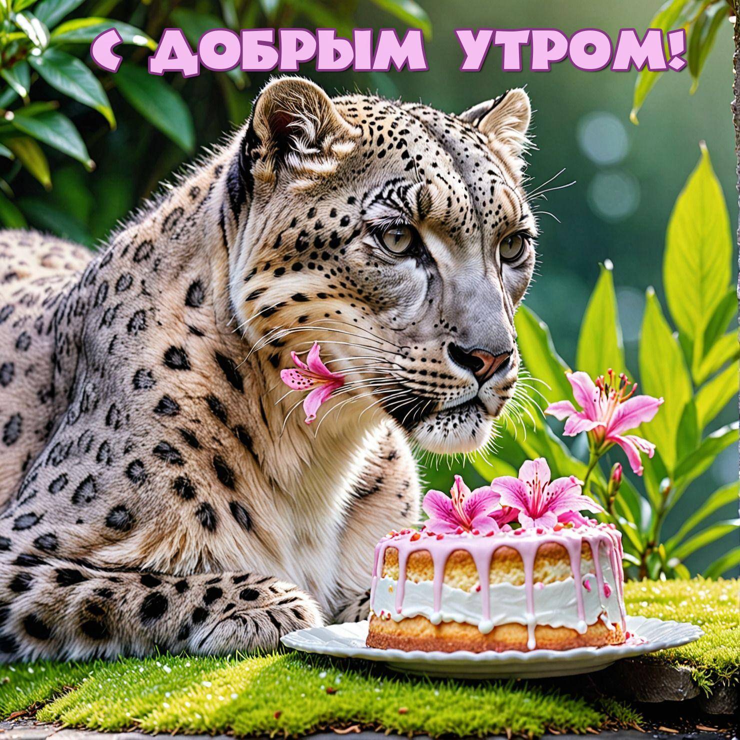 Утро, леопард на траве с тортом на тарелке