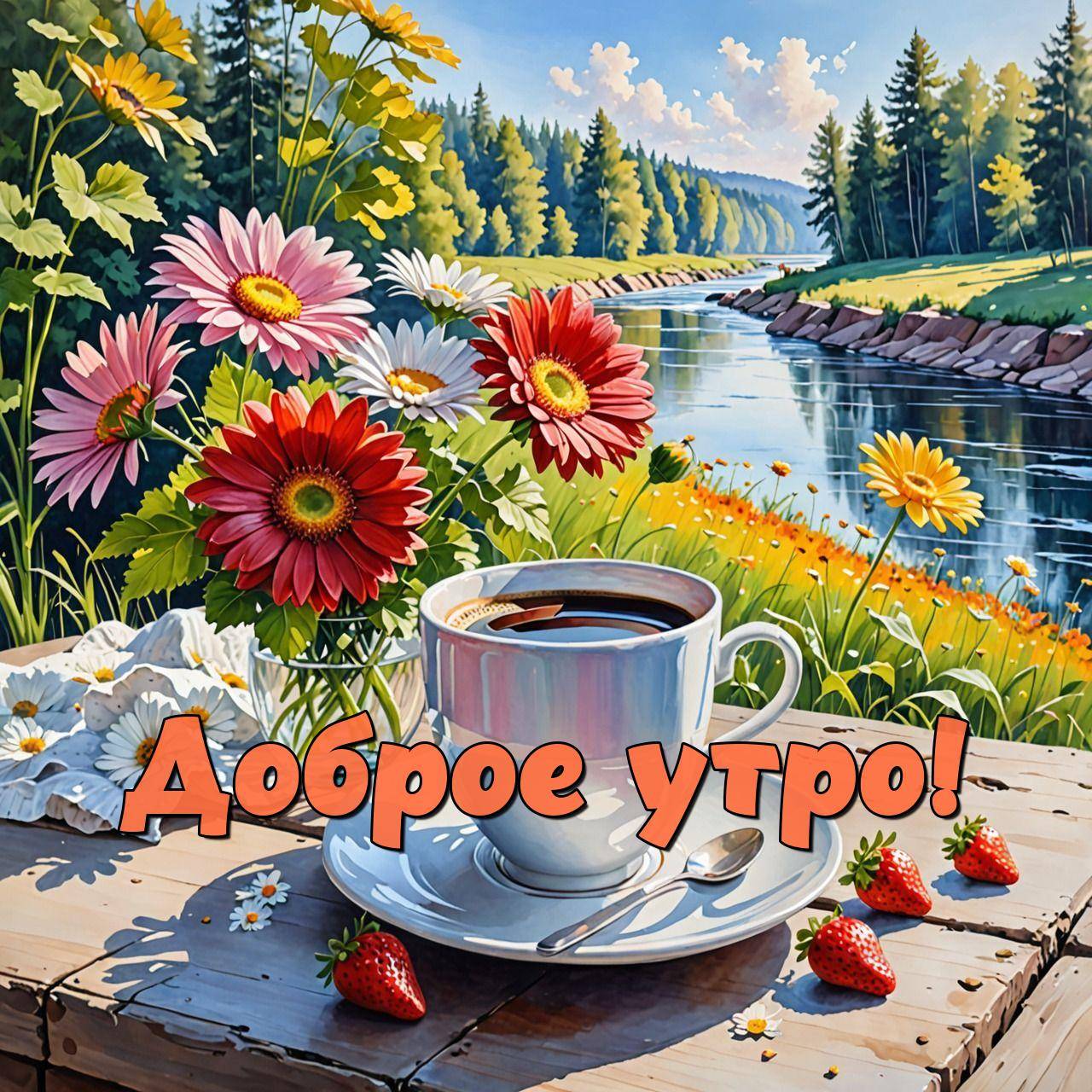 Утро, летняя сцена с чашкой чая и клубникой