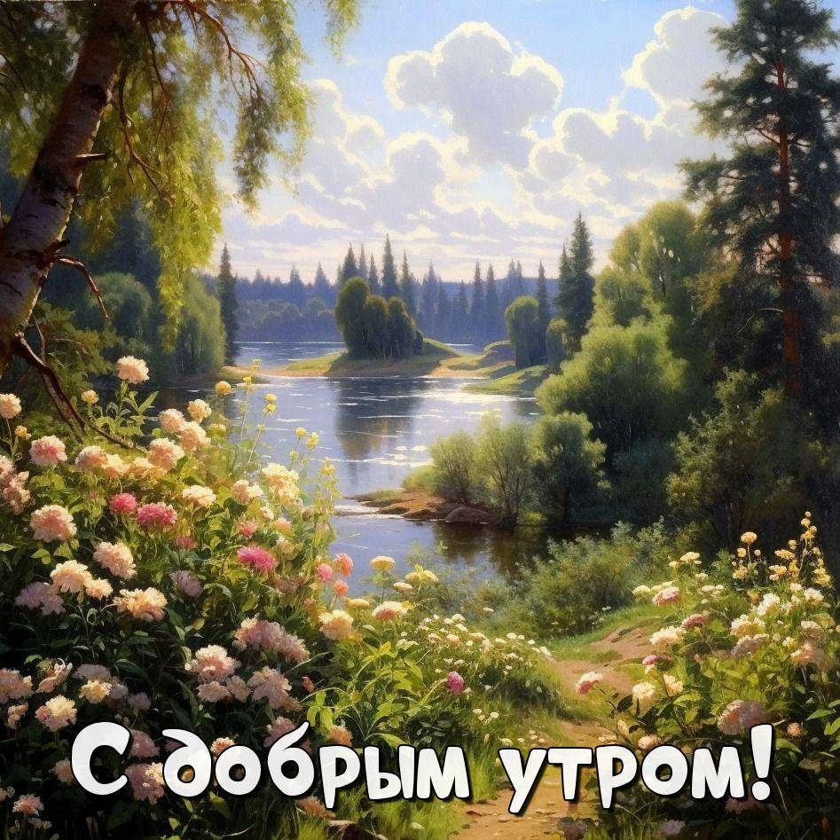 Утро, летняя сцена с тропинкой, цветами, рекой и деревьями