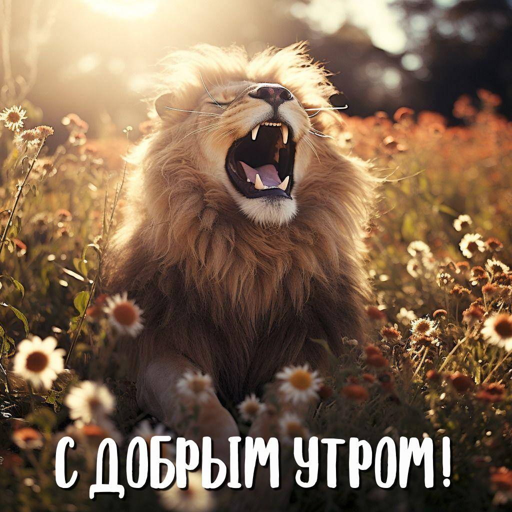 Утро, лев с рычащей пастью на цветочном поле
