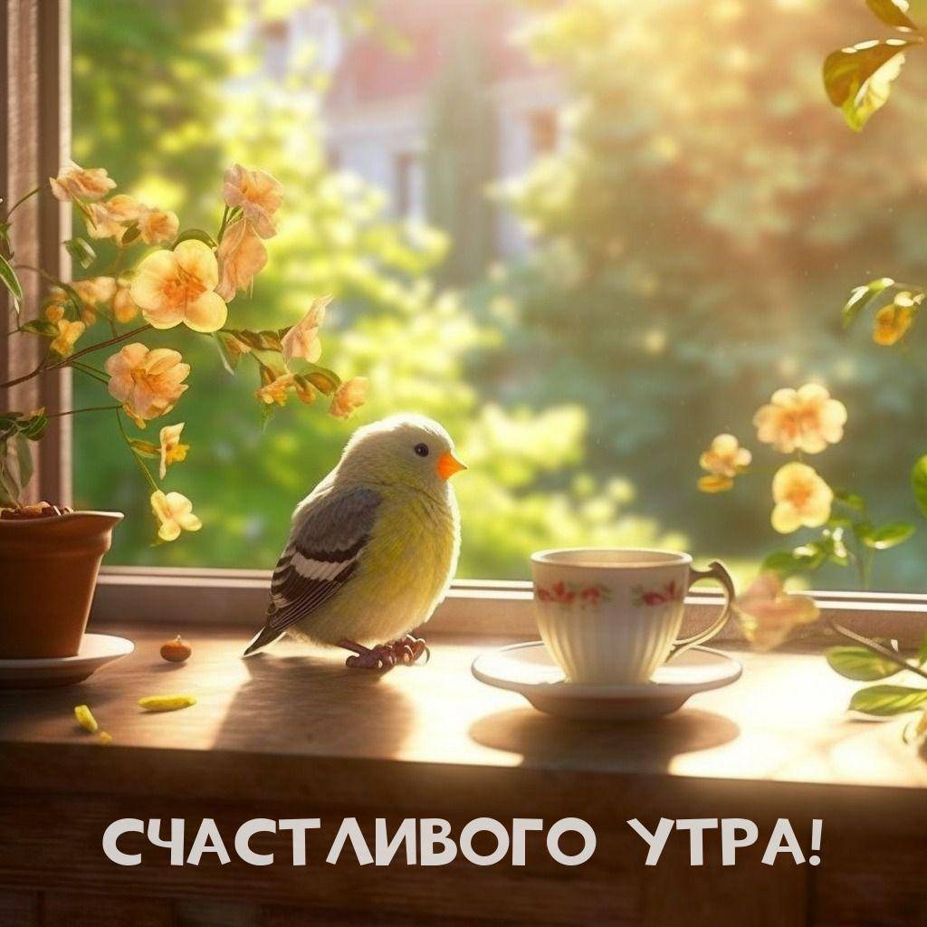 Утро, маленькая птичка на подоконнике рядом с чашкой и растением