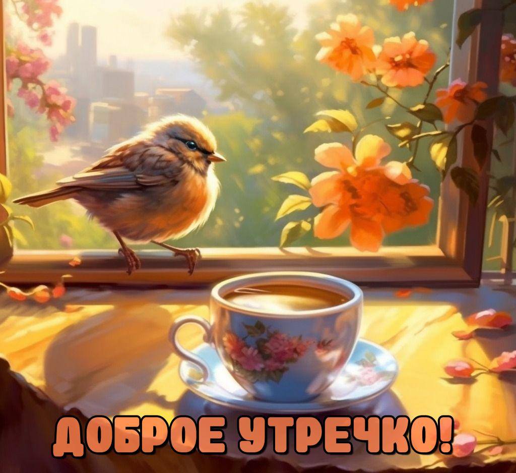 Утро, маленькая птичка на подоконнике с чашкой чая