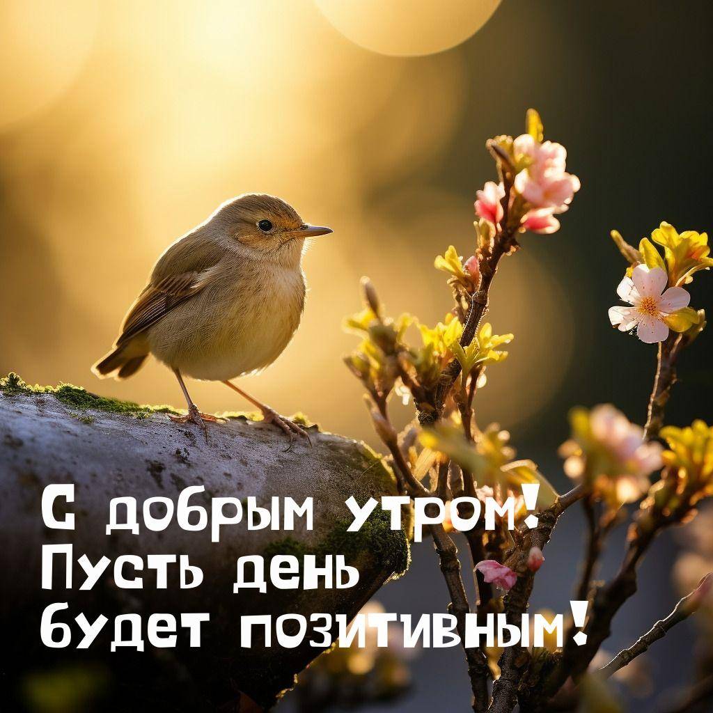Утро, маленькая птичка на ветке среди розовых цветов