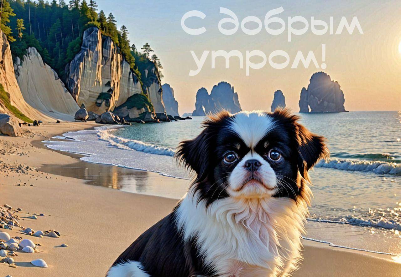 Утро, маленькая собака на пляже у воды и скал, низкое солнце