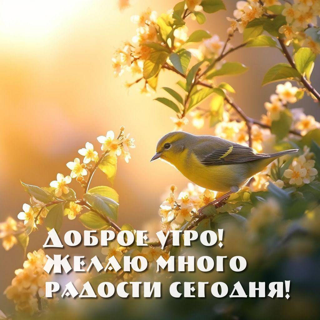 Утро, маленькая желтая птица на ветке с цветами