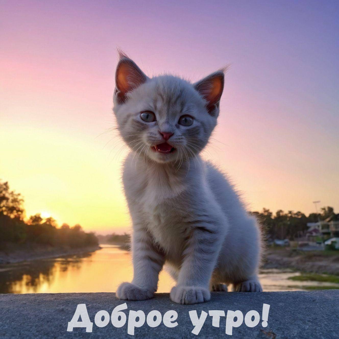 Утро, маленький котёнок на фоне заката