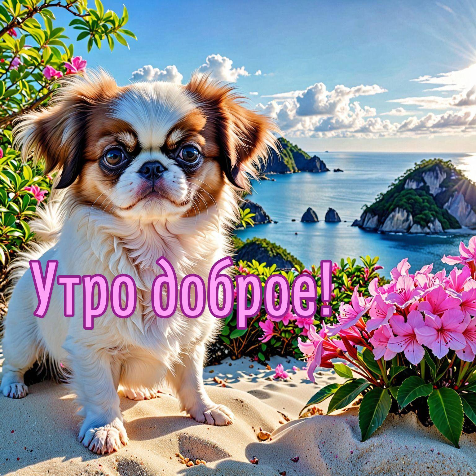 Утро, маленький пушистый пес на берегу среди цветов