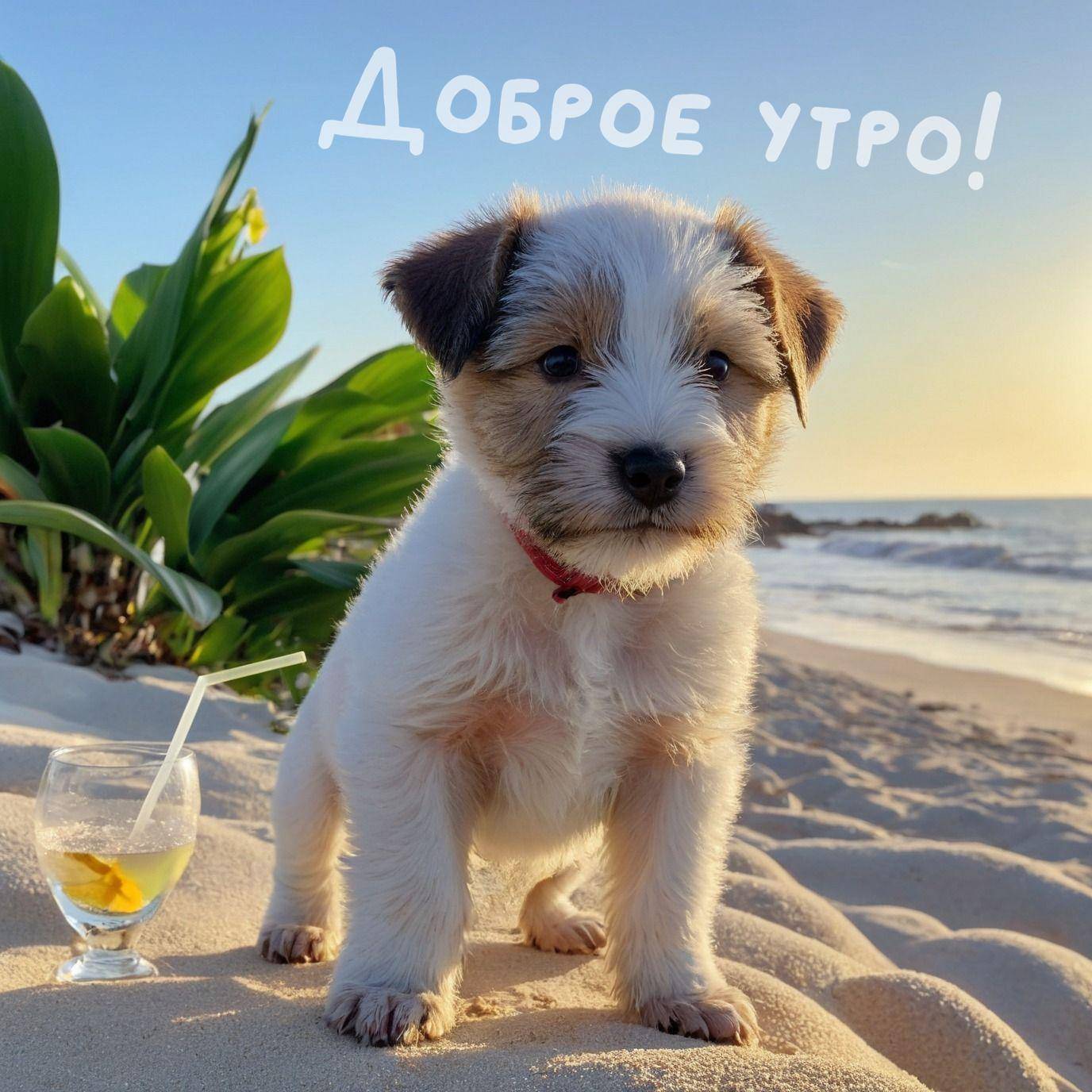 Утро, маленький щенок на пляже с океаном на заднем плане