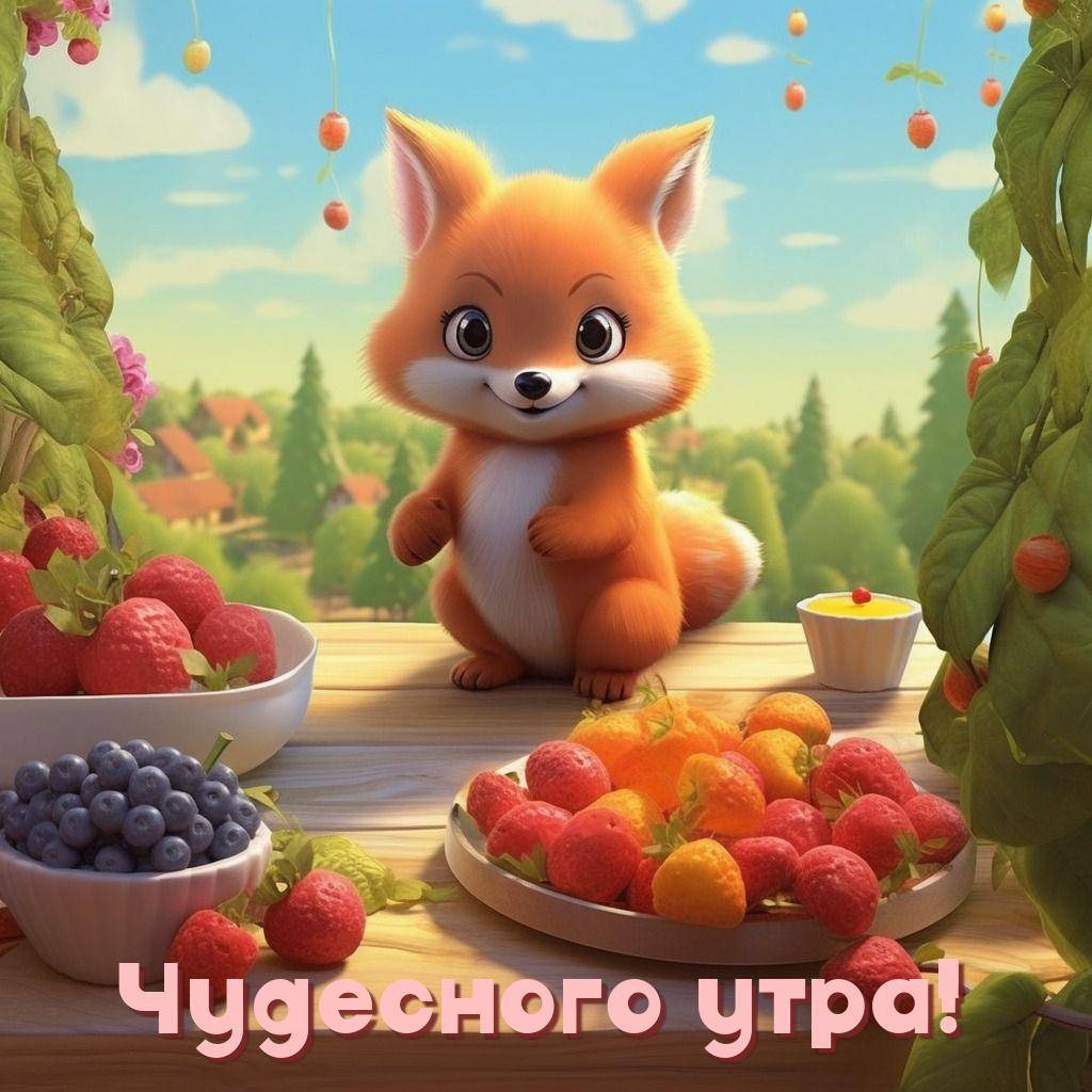 Утро, милая рыжая лисичка за столом с ягодами