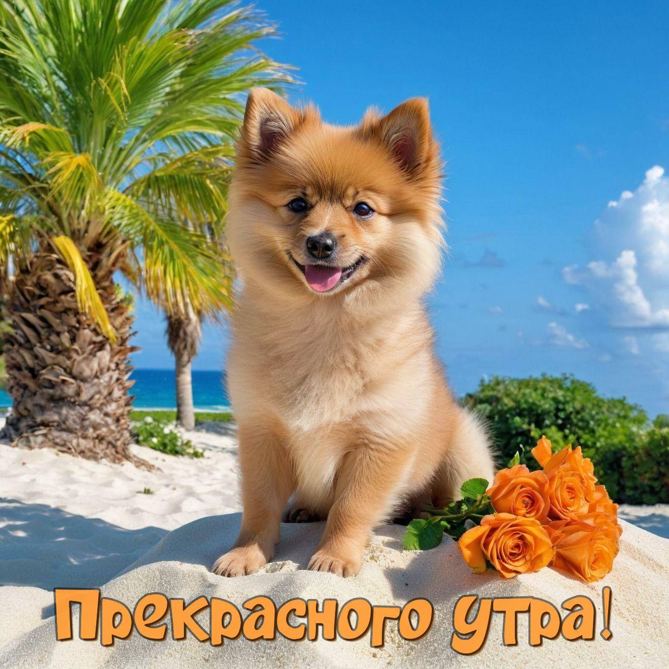 Утро, милая собака сидит на пляже рядом с розами