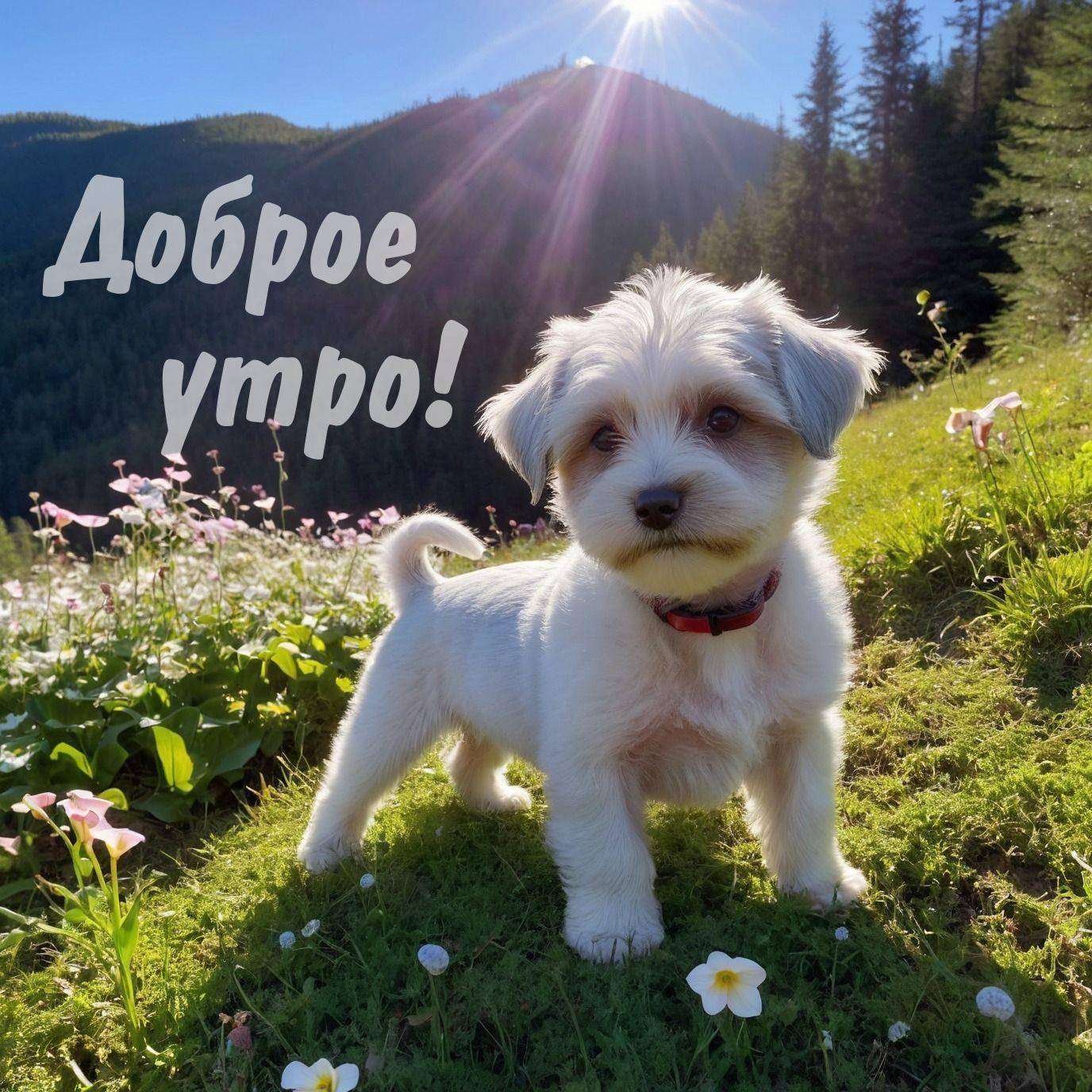 Утро, милый белый щенок на зеленой траве среди цветов.