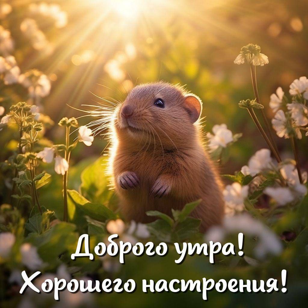 Утро, милый мышонок среди зелёных растений