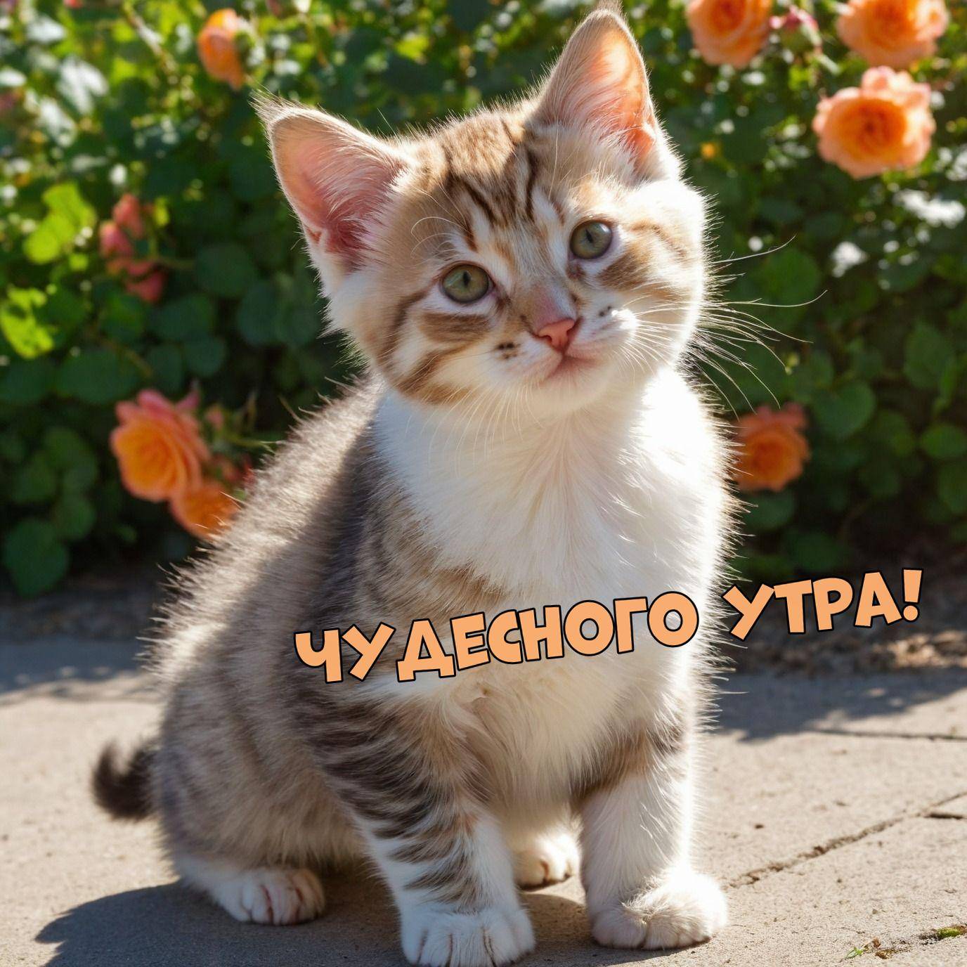 Утро, милый рыжевато-белый котенок на фоне роз и зелени