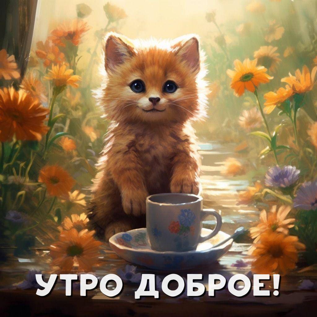 Утро, милый рыжий котёнок с чашкой на блюдце