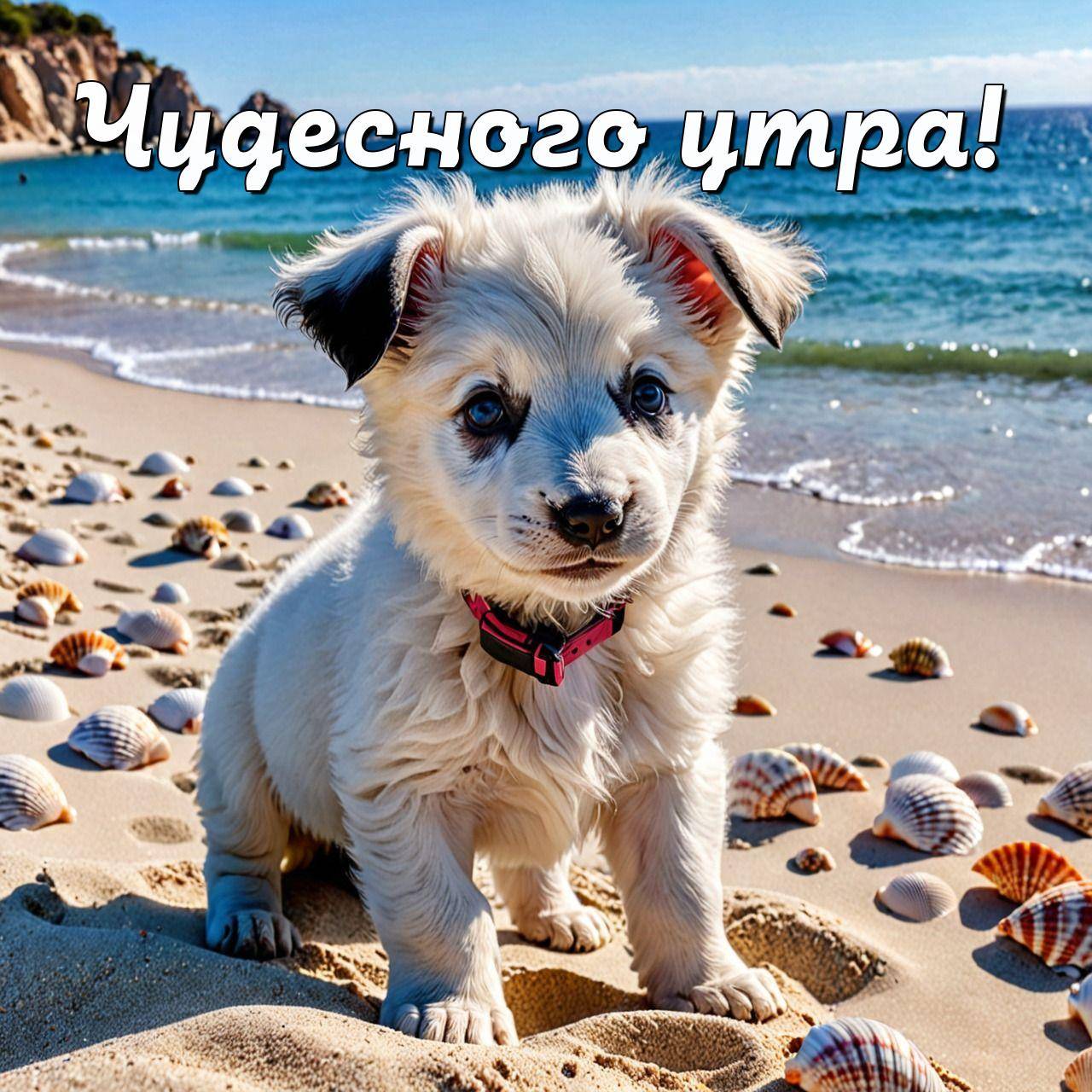 Утро, милый щенок на пляже с морскими ракушками