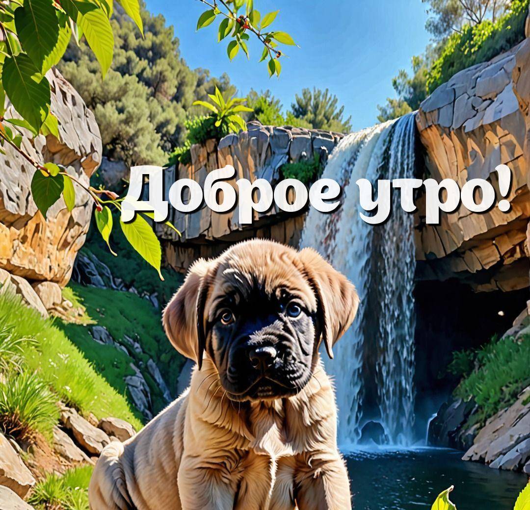 Утро, милый щенок с пушистой мордочкой у водопада.