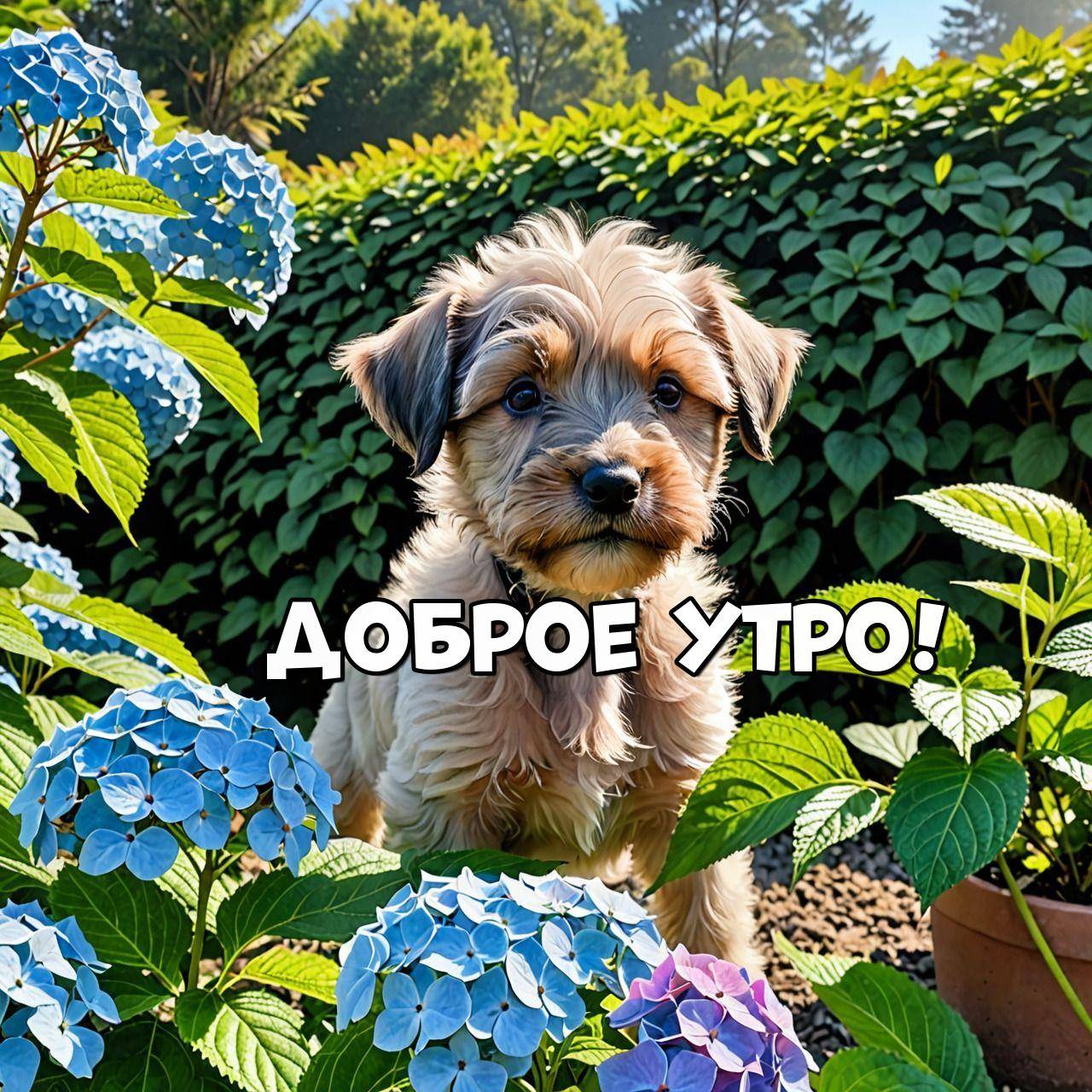 Утро, милый щенок среди цветущих гортензий