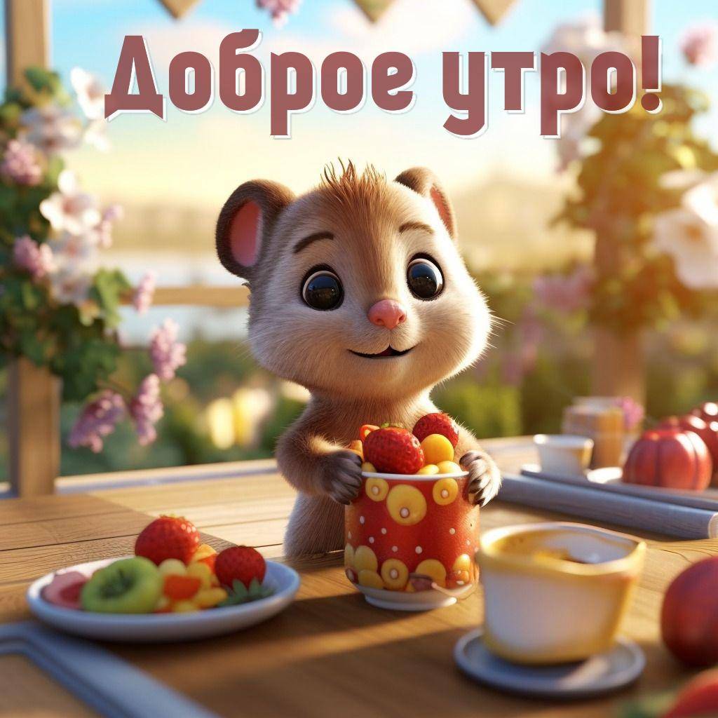 Утро, милый зверёк с чашкой фруктов наслаждается завтраком