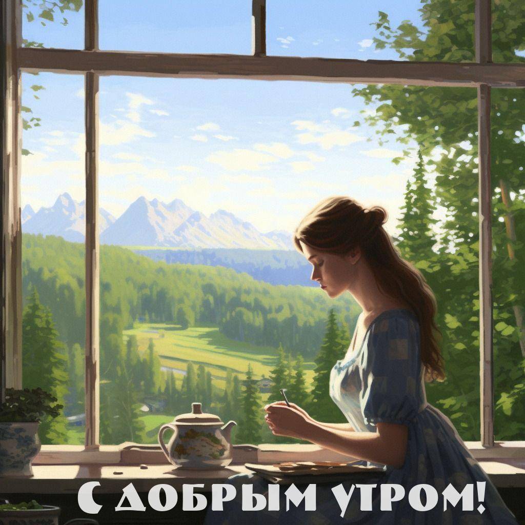 Утро, молодая женщина у окна с видом на лес и горы