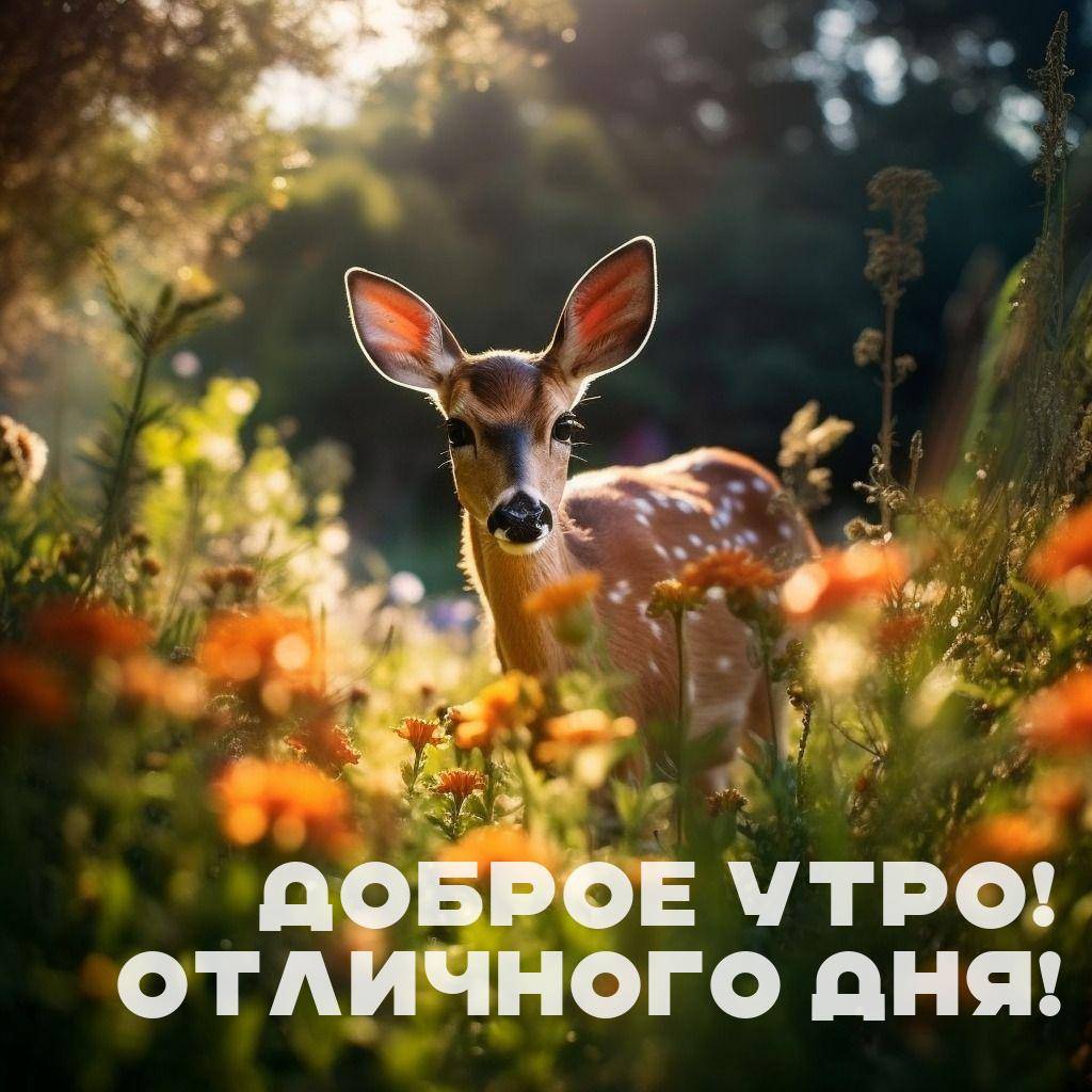 Утро, молодой олень среди цветов на поляне