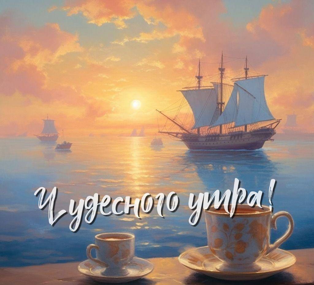 Утро, морской пейзаж с закатом, чашки и корабль