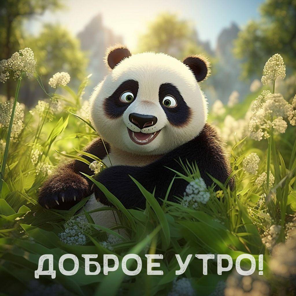 Утро, мультяшная панда среди травы и цветков