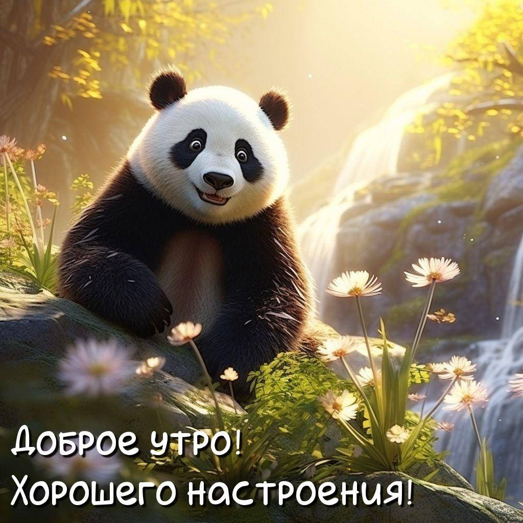 Утро, мультяшная панда среди травы и цветов