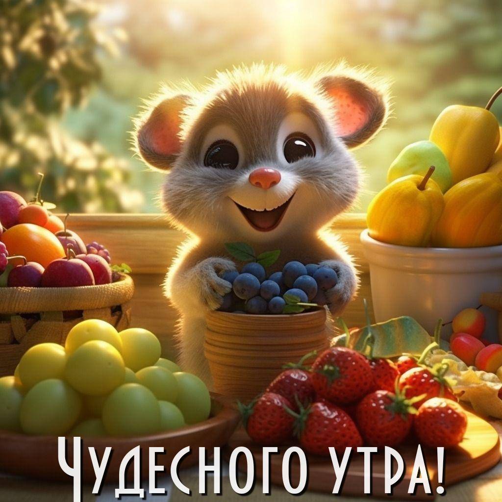 Утро, мультяшный хомяк с миской черники и фруктами