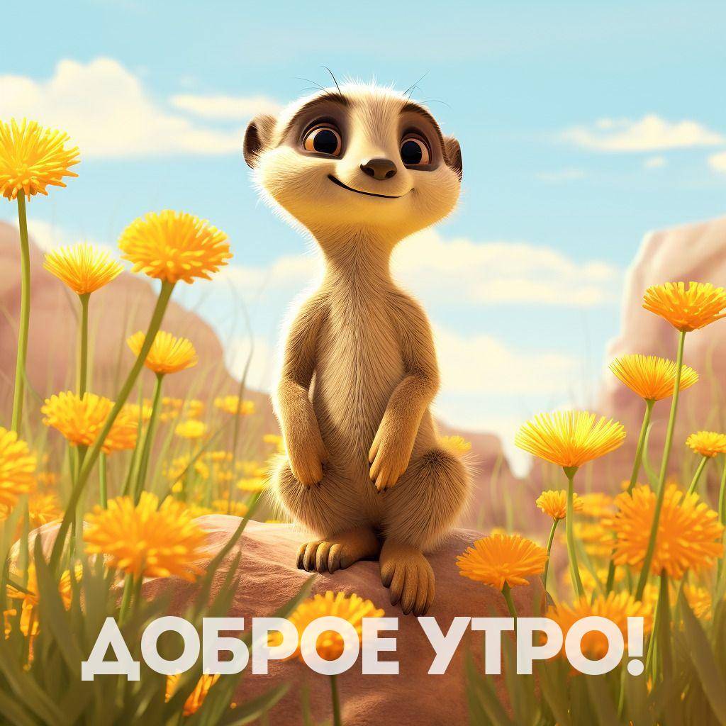 Утро, мультяшный сурикат на камне среди жёлтых цветов