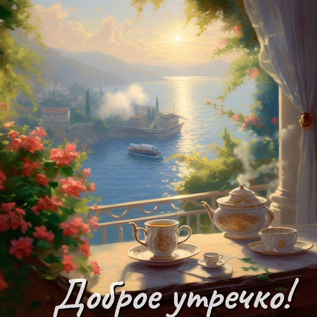 Утро, на балконе чайный сервиз и солнечный пейзаж