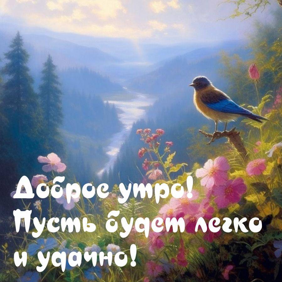 Утро, на переднем плане цветы и птичка на ветке.