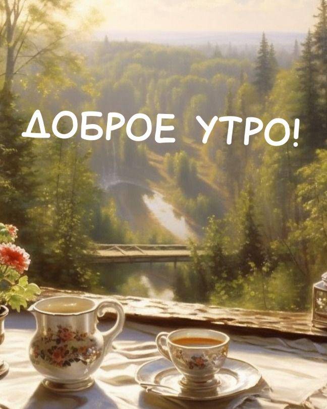Утро, на столе чайный сервиз на фоне леса и реки