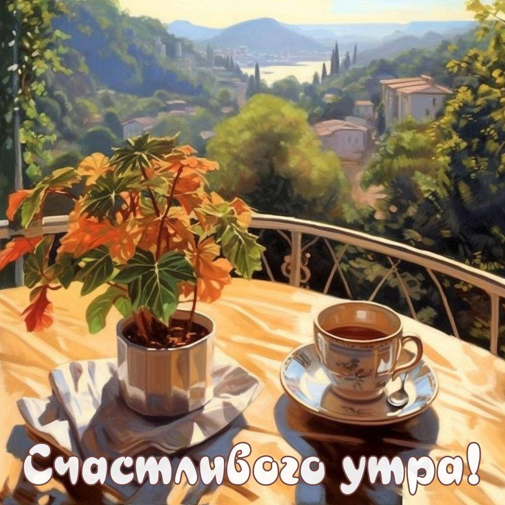 Утро, на столике цветок в горшке и чашка чая