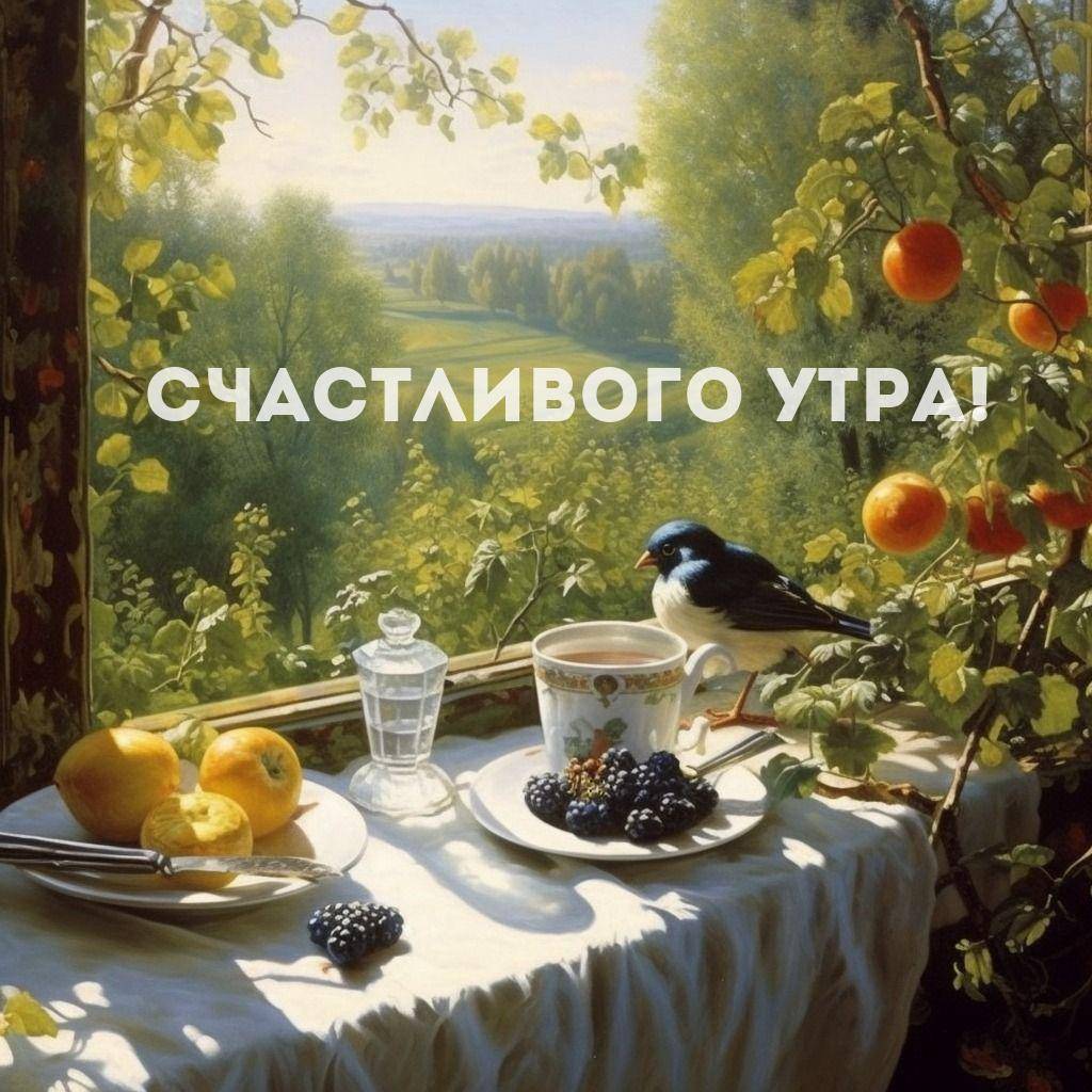 Утро, натюрморт с чаем, ежевикой и лимонами на фоне зелёного пейзажа